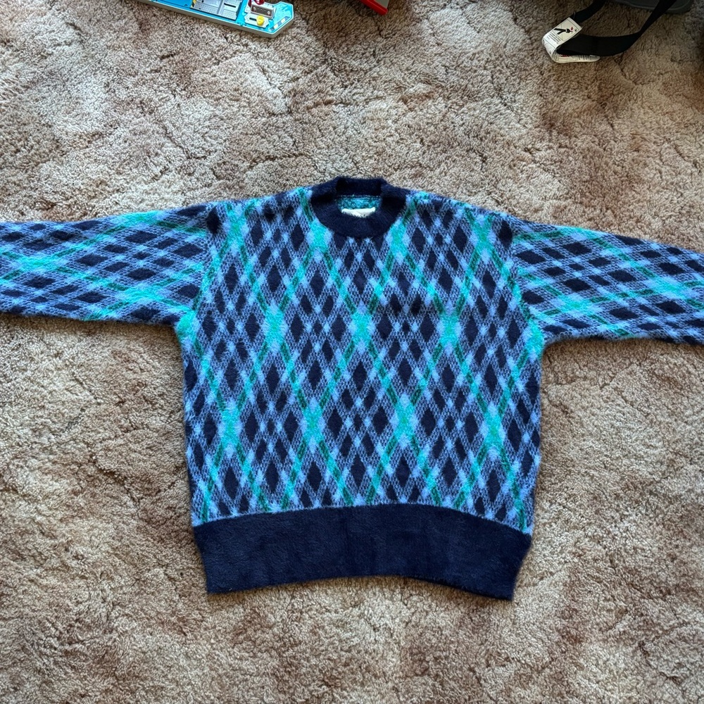 Aerie Crewneck Sweater in Blue and Black with Argyle Design